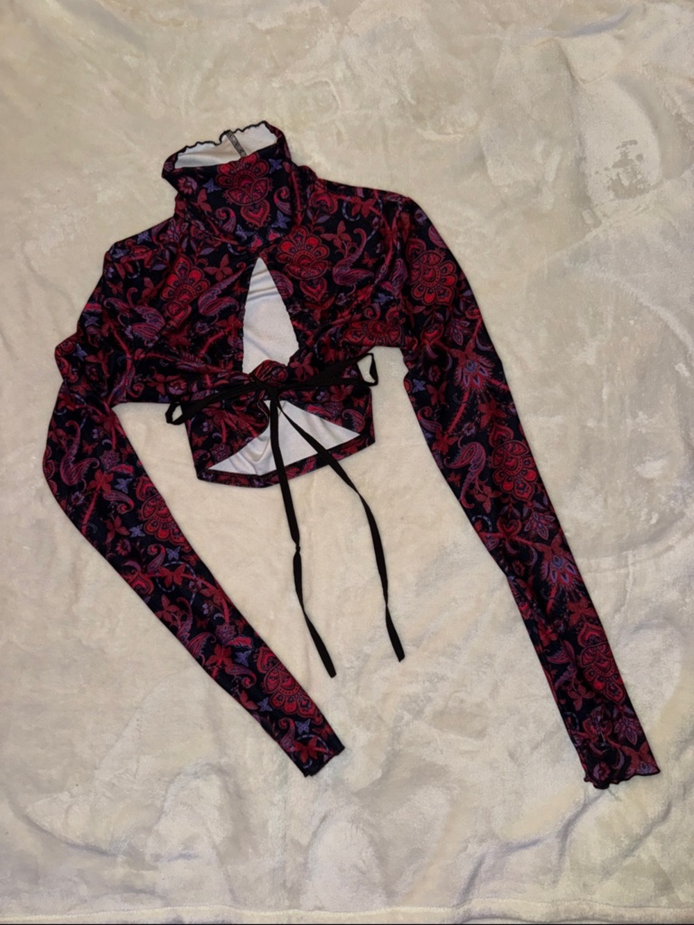 I.AM.GIA Red and Black Paisley Long Sleeve Cutout Crop Top